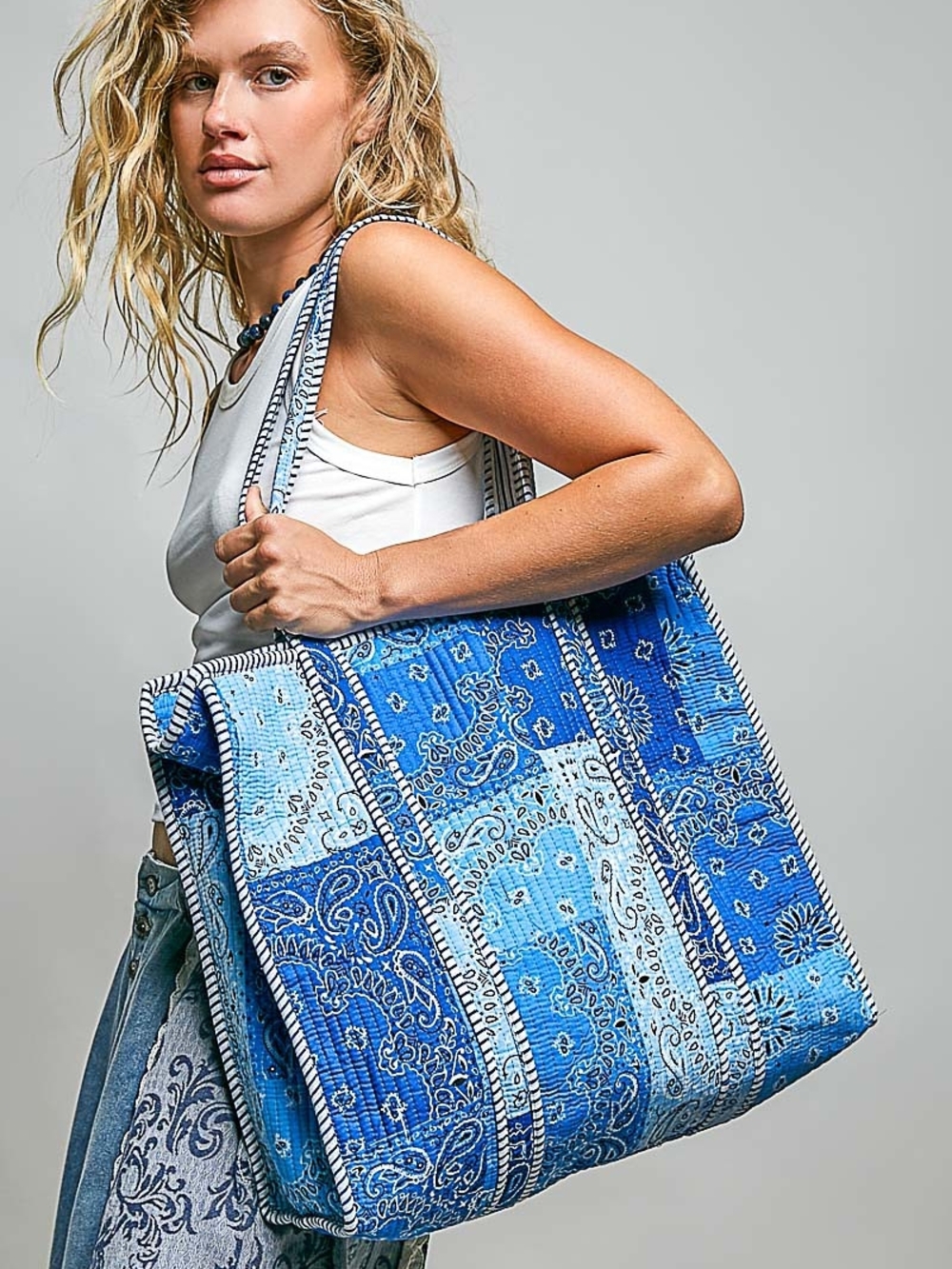 POL Blue Patchwork Paisley Tote Bag - Women's Shoulder Bag